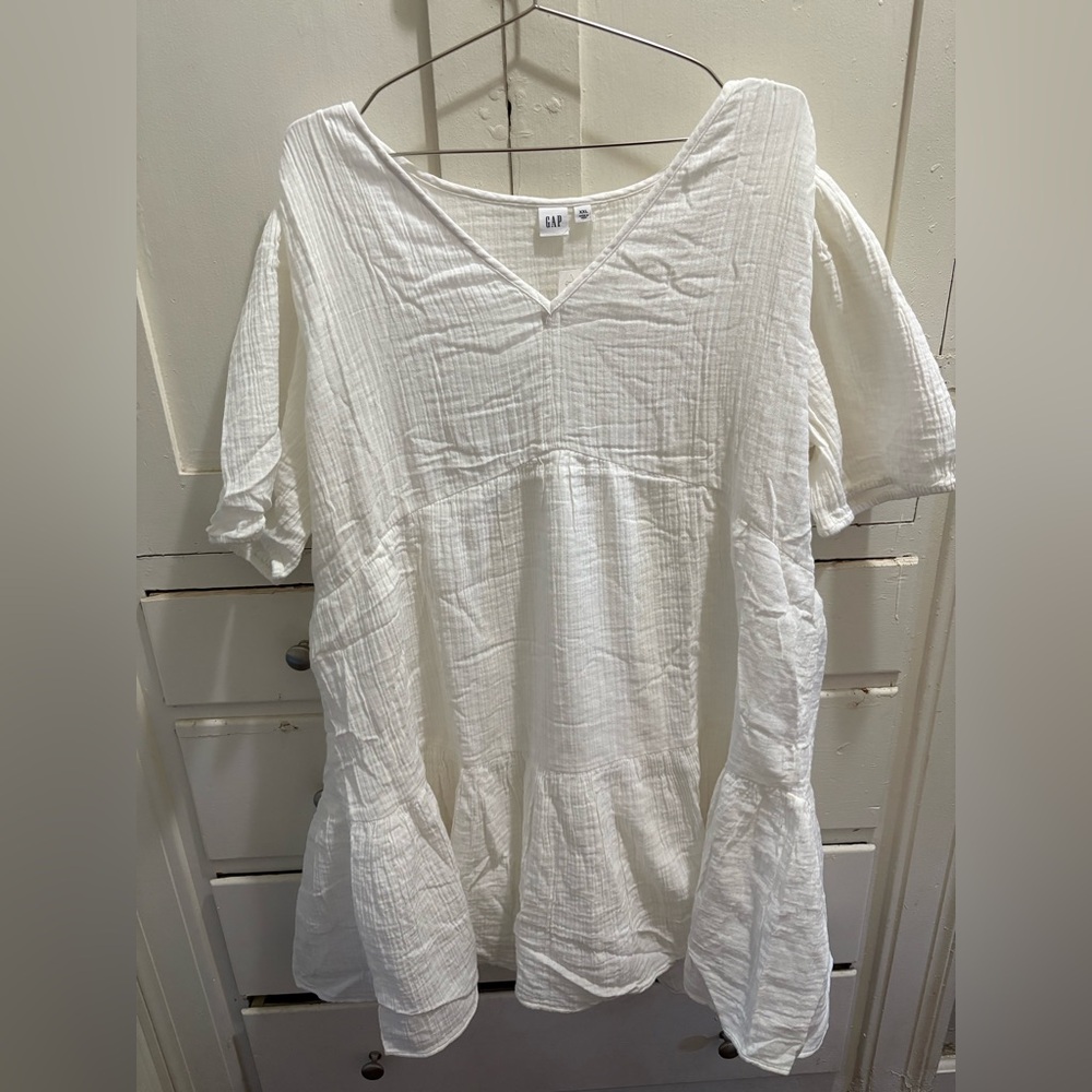 NWT GAP XXL White Gauzy Cotton V-Neck Tiered Mini Dress